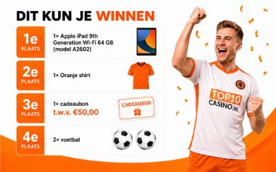 Doe gratis mee met de WK 2026 prijsvraag van Top10casino.nl WK 2026 winactie van Top10casino.nl met prijzen zoals een iPad, oranje shirt, cadeaubon en voetballen