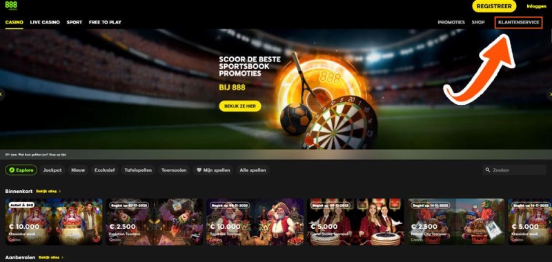 Klik op 'Klantenservice' bij 888 Casino