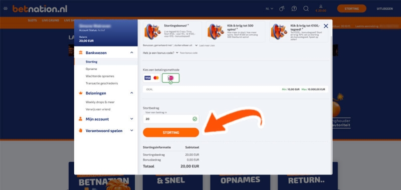 Vul het gewenste bedrag in bij Betnation