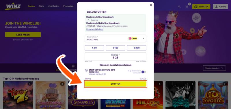 Vul het gewenste bedrag in bij Winz Casino