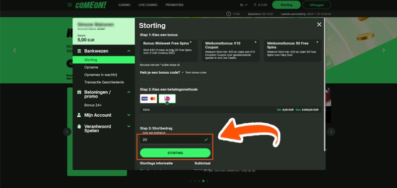 Kies welk bedrag je wil storten bij ComeOn
