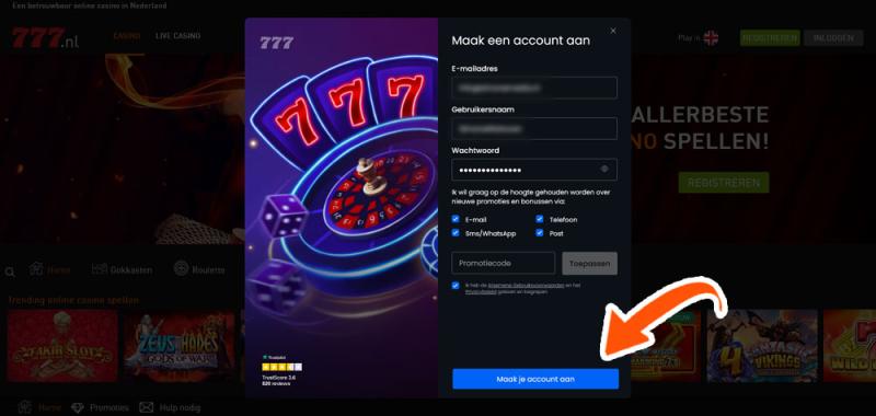 Gebruikersnaam Casino 777 invullen