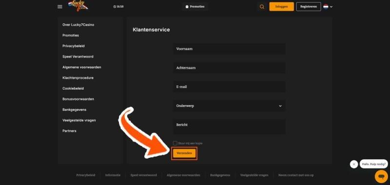 Vul het Lucky 7 Casino contactformulier in