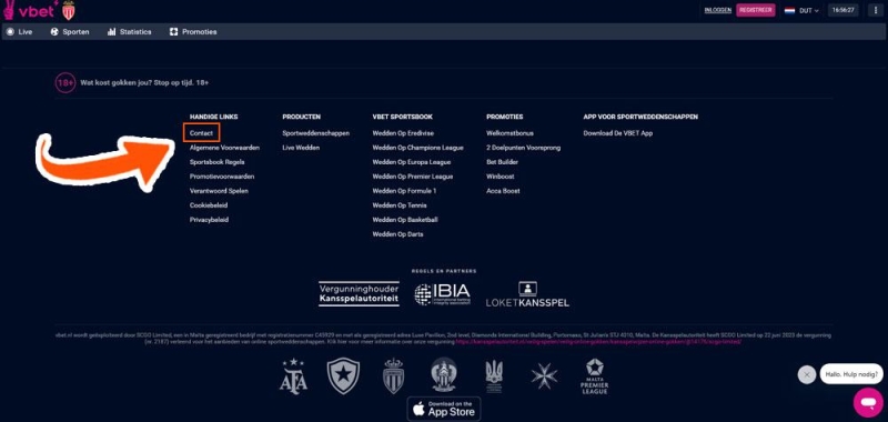 Vbet contactknop