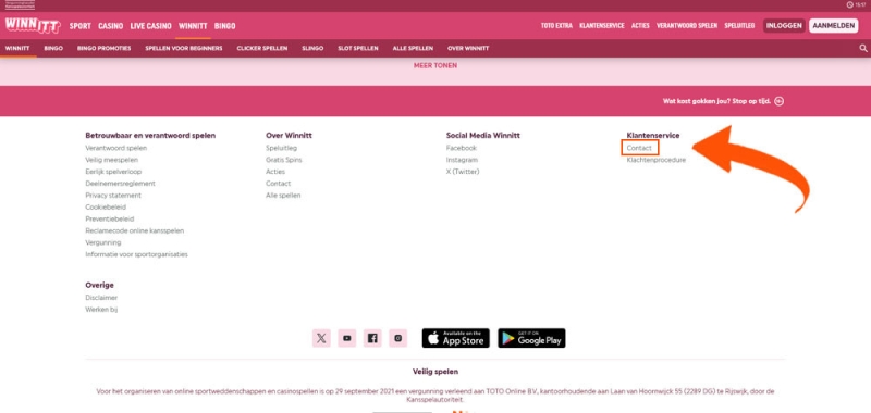 Klik op 'Contact' bij Winn Itt