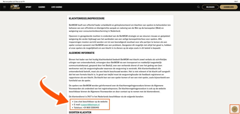 Bekijk de contactopties van BetMGM