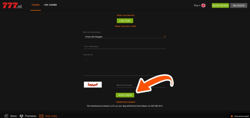 Kies een contactoptie bij Casino 777