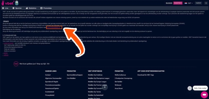 Klik op de CRUKS-link bij Vbet