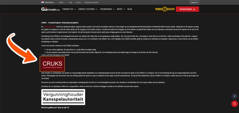 Klik op het CRUKS logo bij GGPoker