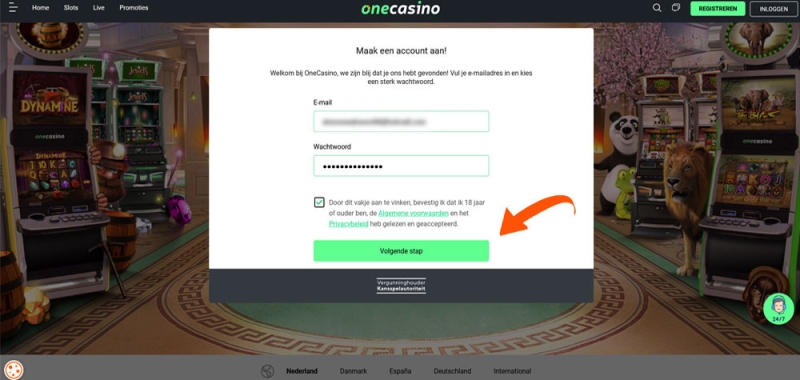 E-mailadres en wachtwoord bij One Casino invullen