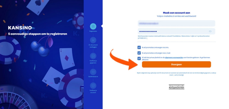 E-mailadres en wachtwoord invullen bij Kansino