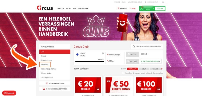 Klik bij Circus Club op Free Bets