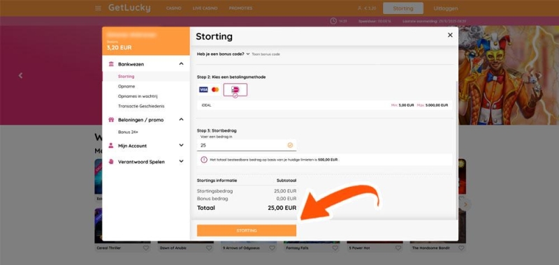 Maak het gewenste bedrag over bij GetLucky