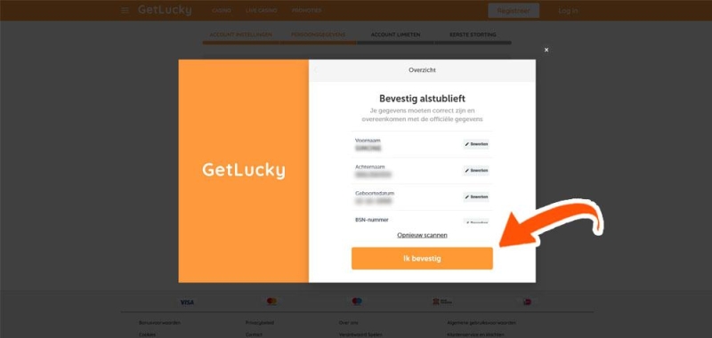 Gegevens bij GetLucky bevestigen