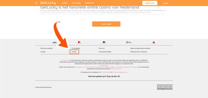 Klik op 'Contact' bij GetLucky