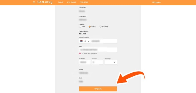 Vul persoonlijke gegevens in bij GetLucky