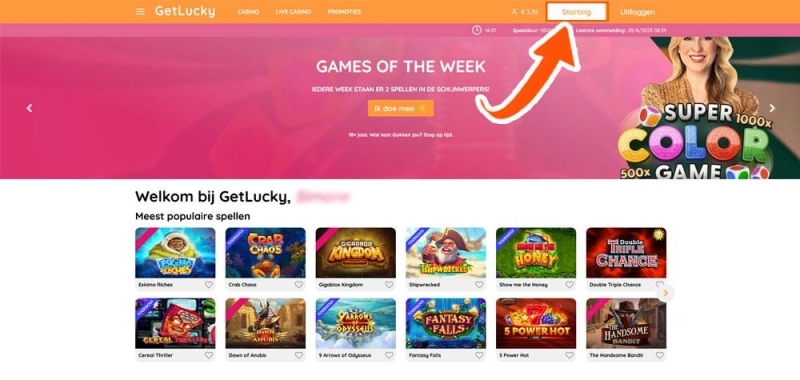 Klik op 'Storting' bij GetLucky