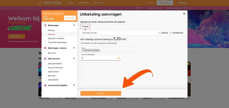 Laat het bedrag uitbetalen bij GetLucky