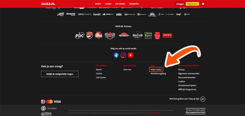 Klik op Help Center bij Jacks.nl