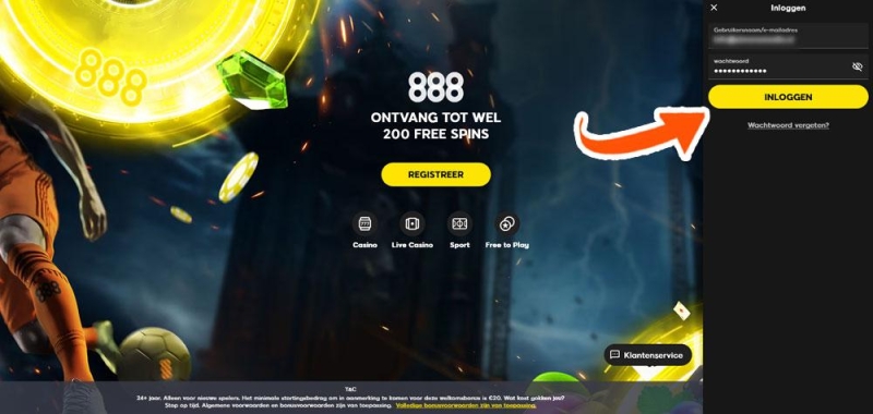 Vul de inloggegevens bij 888 Casino in