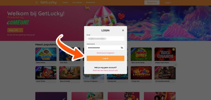 Vul de inloggegevens bij GetLucky in