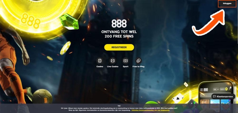 Klik op 'Inloggen' bij 888 Casino