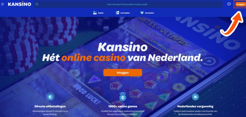 Klik op de inlogknop bij Kansino