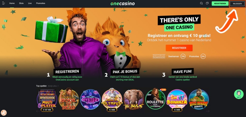 Klik op de inlogknop bij One Casino