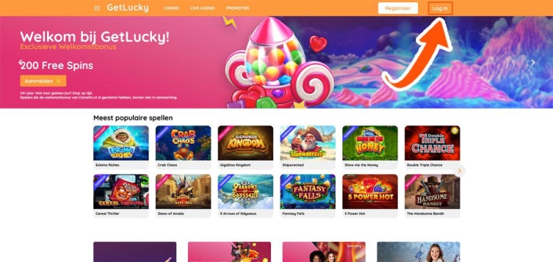 Klik op de inlogknop bij GetLucky