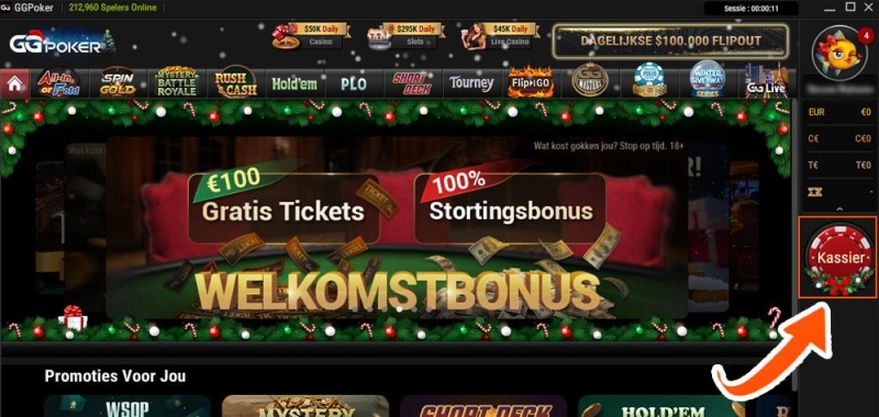 Klik op Kassier bij GGPoker