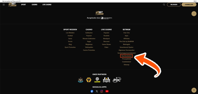 Klik op 'Klachtenbeleid' bij BetMGM