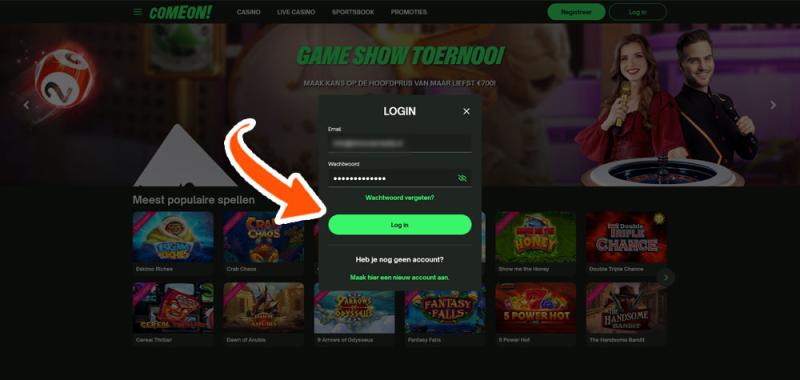 Klik op 'Log In' bij ComeOn