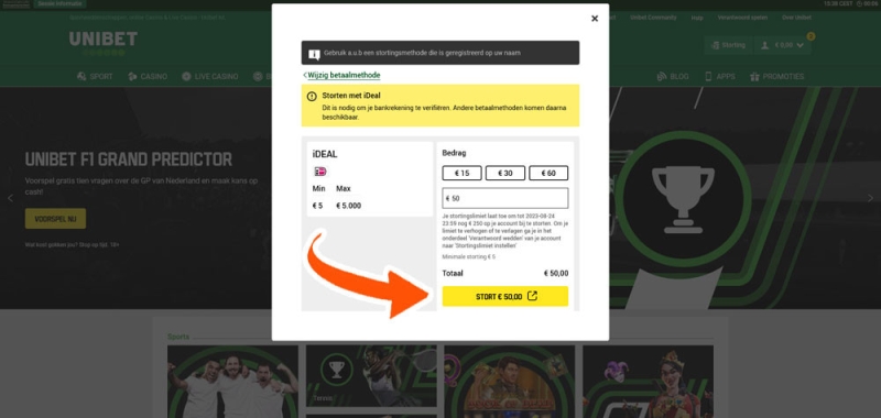 Klik op STORT bij Unibet