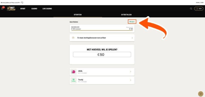 Klik op 'Wijzigen' bij BetMGM