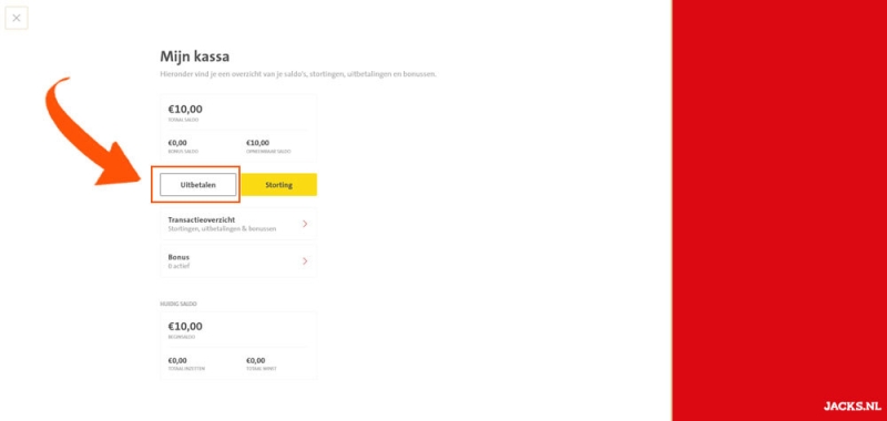 Klik op de knop voor uitbetalen bij Jacks