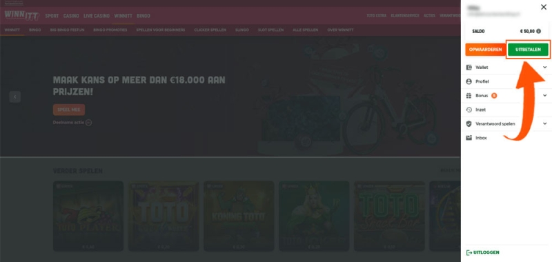 Klik op de knop voor uitbetalen bij Winn Itt