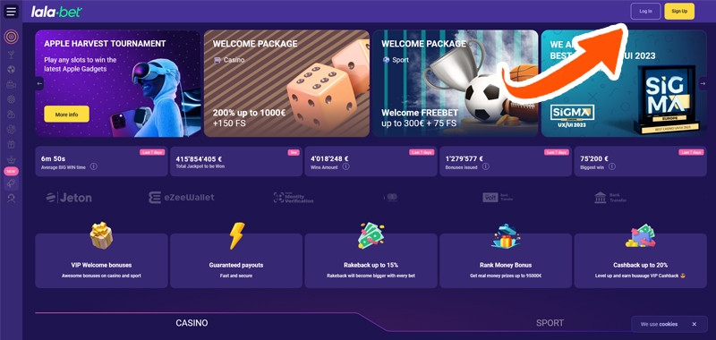 Online login knop op de website van Lalabet