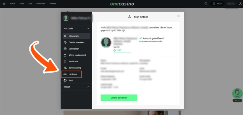 Klik op One Casino limieten