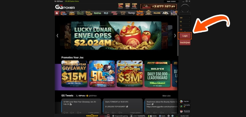 Klik op Login bij GGPoker