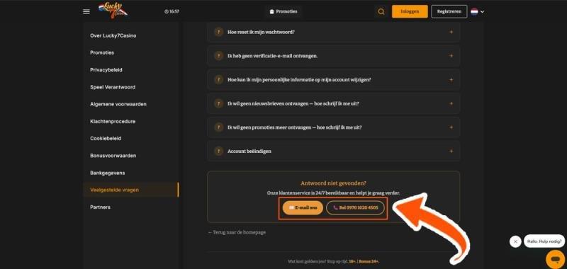 Mail of bel naar Lucky 7 Casino