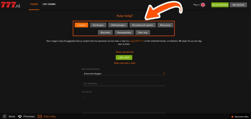 Onderwerp kiezen bij Casino 777