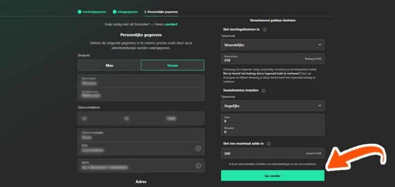 Vul persoonlijke gegevens in bij Bet365