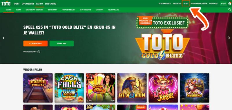 Screenshot van de Toto Casino promotiepagina met bonusoverzicht