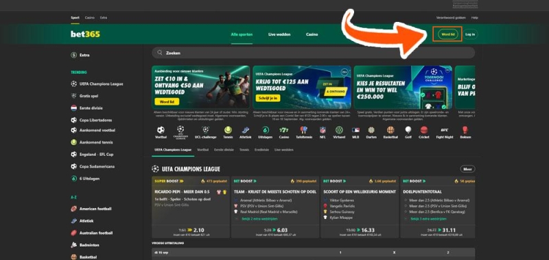 Klik op 'Word lid' bij Bet365