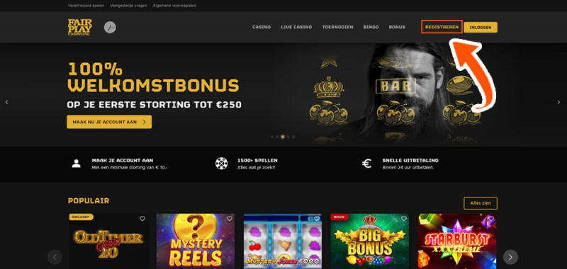 Klik op de registreerknop bij Fair Play Casino