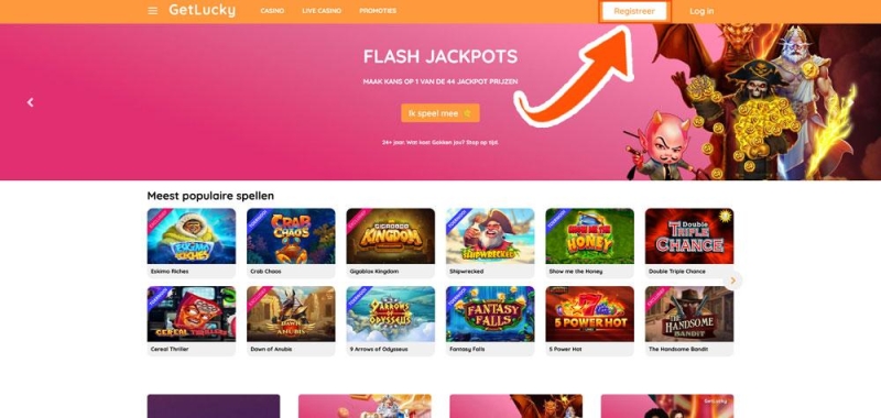 Klik op 'Registreer' bij GetLucky