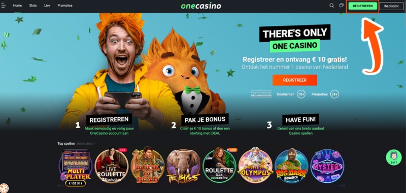 Registreerknop bij One Casino