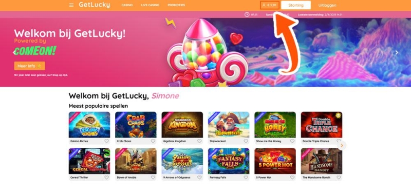 Klik op het GetLucky saldo