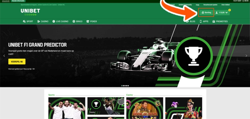 Klik op storting bij Unibet