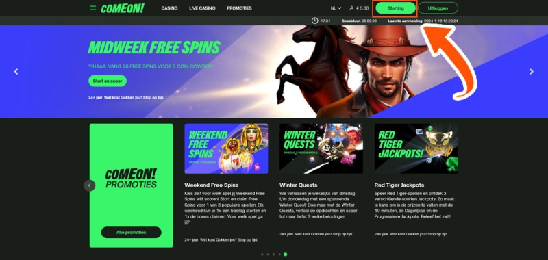 Klik op de knop bij ComeOn